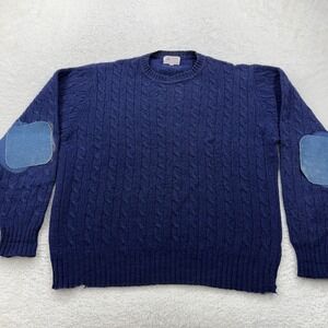 Clansman Vintage Navy Blue Cable Knit Shetland Wool Sweater Men XXL Patch Elbows